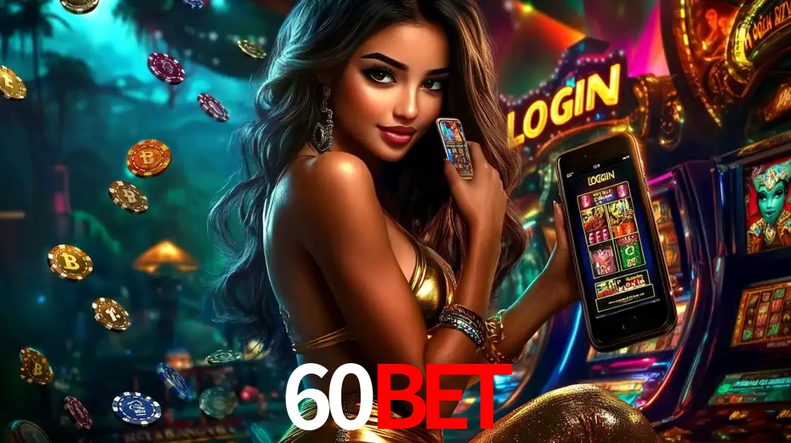 Mulher em um cenário de cassino temático de aventura, mostrando o app de caça-níqueis da 60BET no celular. Fichas de apostas flutuam ao redor.