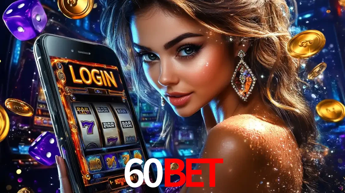 Mulher glamorosa segurando um smartphone com a tela de login para os jogos de caça-níqueis do cassino online 60BET, com moedas de ouro e dados ao redor.