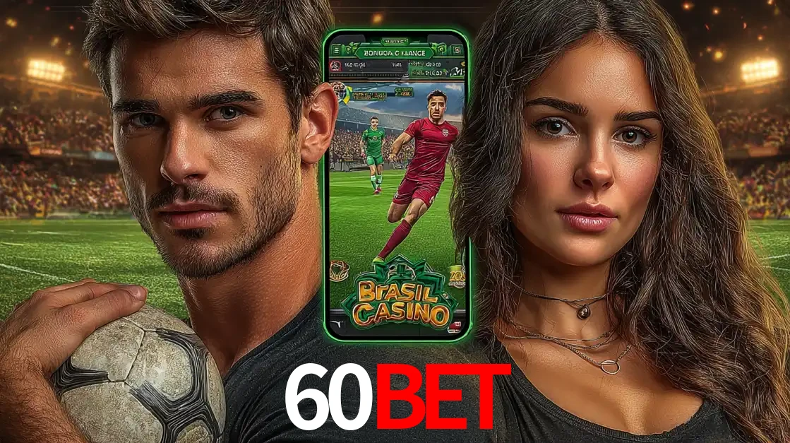 Homem segurando uma bola de futebol e uma mulher ao lado de um smartphone exibindo o jogo de apostas esportivas da 60BET. Faça seu palpite no cassino online.